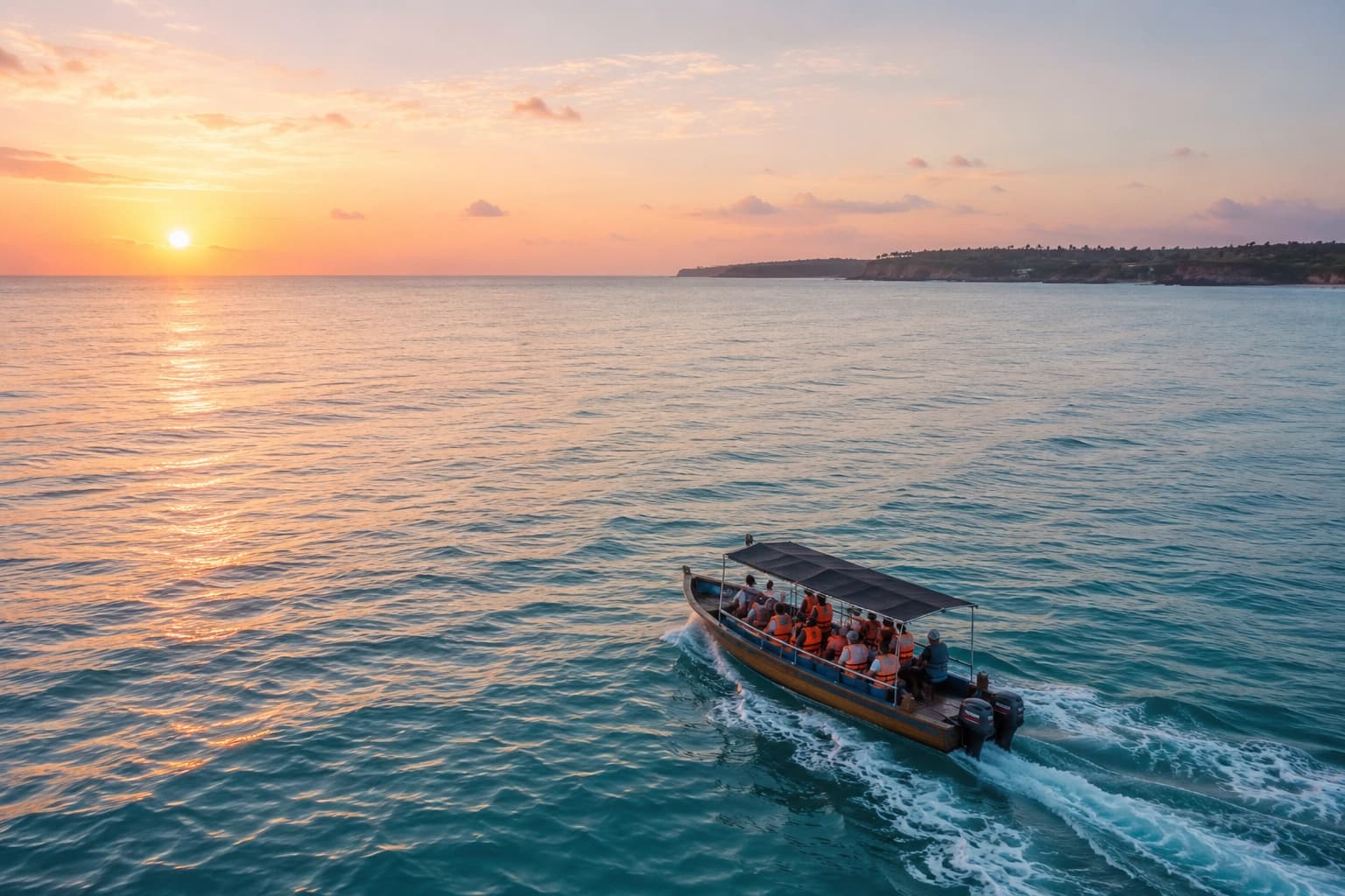 A small whale watching boat on calm ocean off Mirissa at sunrise