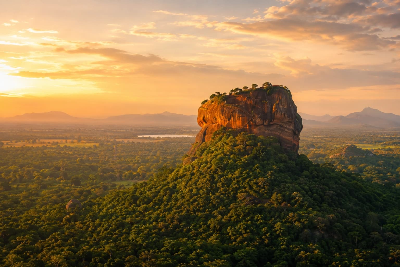 Sigiriya Rock Fortress rising out of the jungle at golden hour